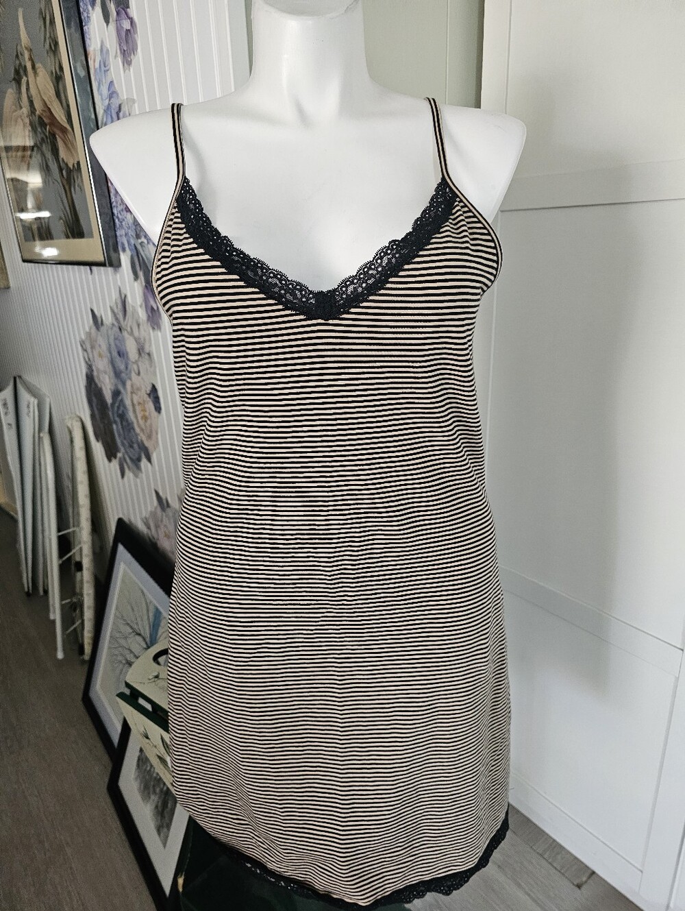 Lauren Ralph L Striped Knit Nightgown XL Lace Trim Chemise Slip Pajama /dress